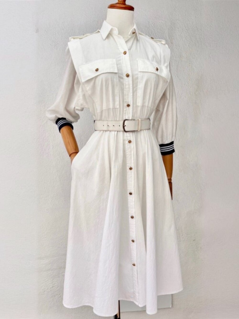 Vintage 70s California Girl White Nautical Safari Dress with Pockets Size 4/XS